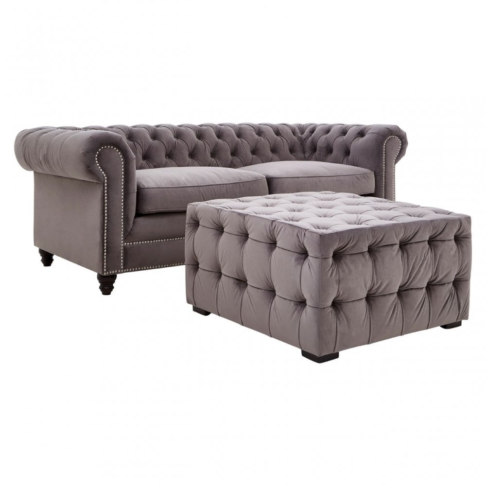 Stella Grey Velvet Button Tufted Footstool, Foam, Plywood, Wood, Grey