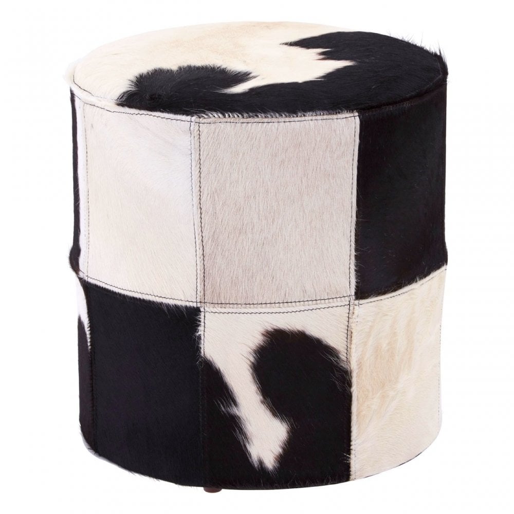 Black / White Genuine Cowhide Ottoman, Cowhide, Stainless Steel, Black