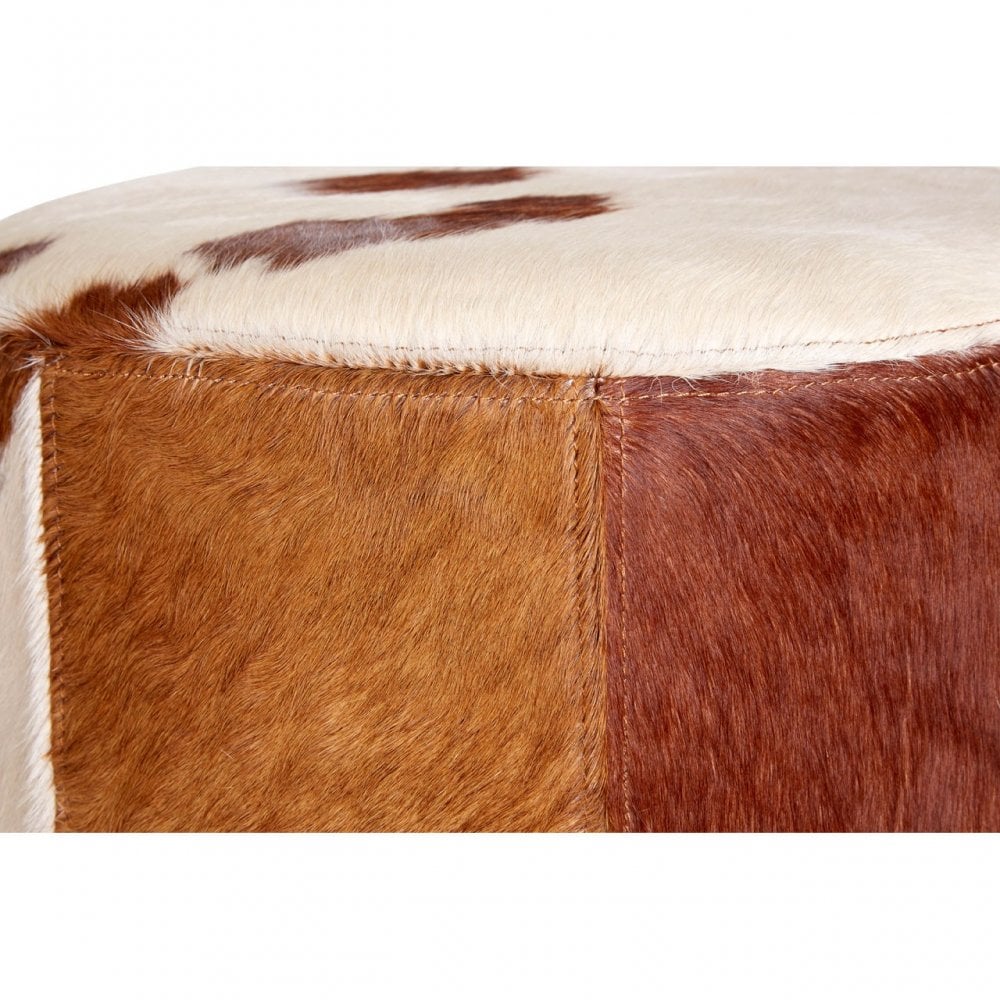 Brown / White Genuine Cowhide Ottoman, Cowhide, Stainless Steel, Brown