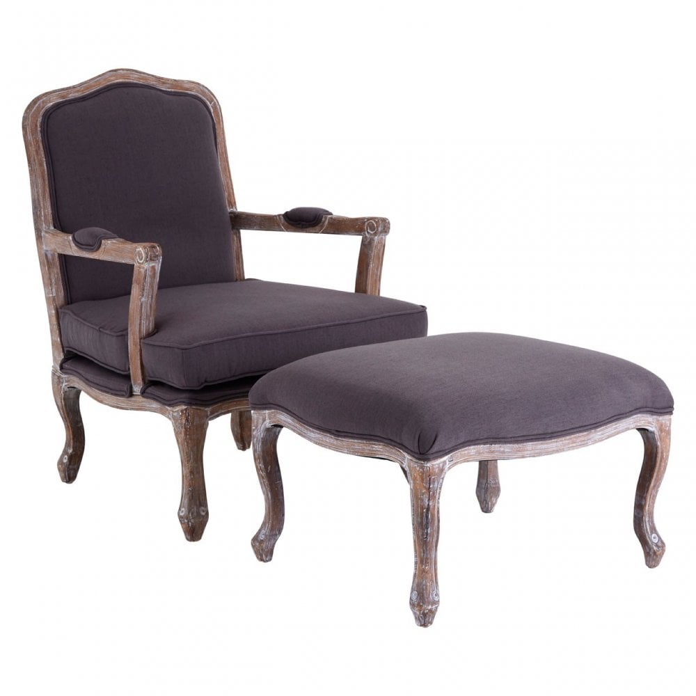 Rococo Chair & Footstool, Birchwood, Linen Mix, Grey
