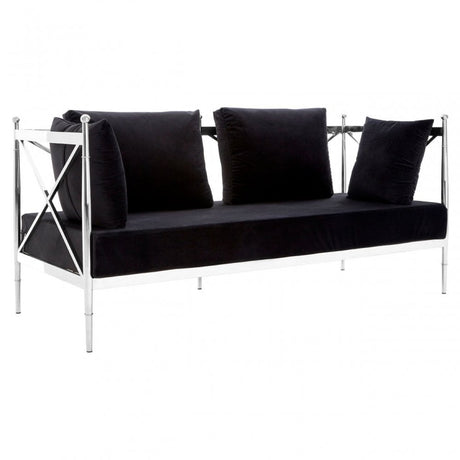 Donal 2 Seat Sofa with Silver Lattice Arms, Steel, Velvet, Black