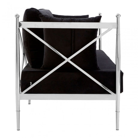 Donal 2 Seat Sofa with Silver Lattice Arms, Steel, Velvet, Black