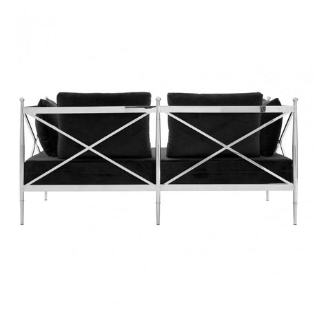Donal 2 Seat Sofa with Silver Lattice Arms, Steel, Velvet, Black