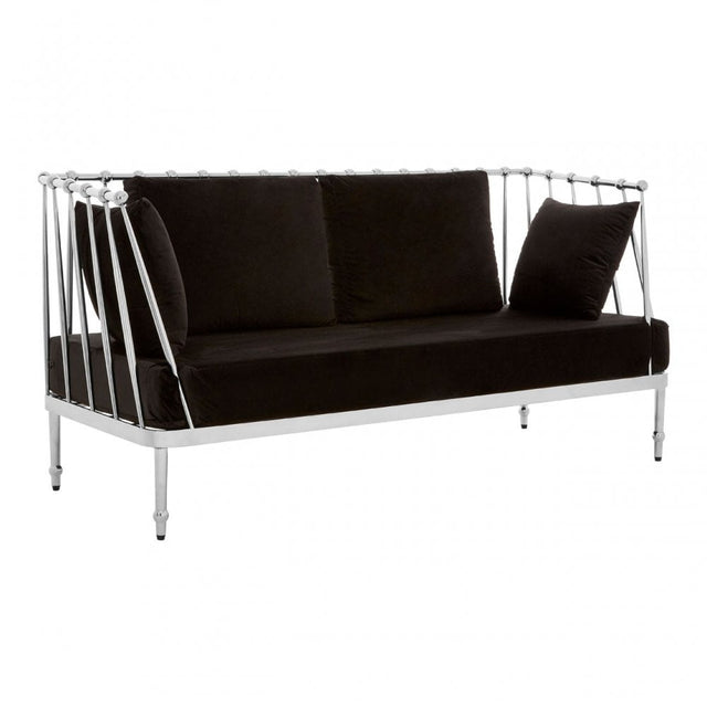 Donal 2 Seat Silver Finish Tapered Arms Sofa, Steel, Velvet, Silver
