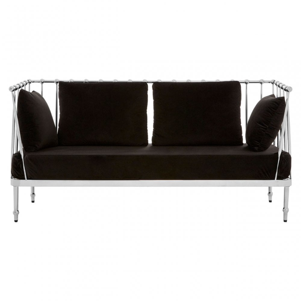 Donal 2 Seat Silver Finish Tapered Arms Sofa, Steel, Velvet, Silver