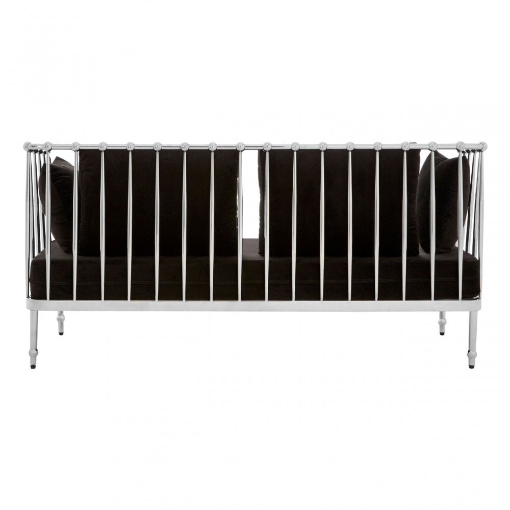 Donal 2 Seat Silver Finish Tapered Arms Sofa, Steel, Velvet, Silver