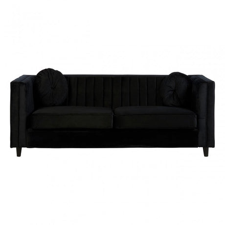 Farah 3 Seat Black Velvet Sofa, Eucalyptus Wood, Sponge, Wood, Black