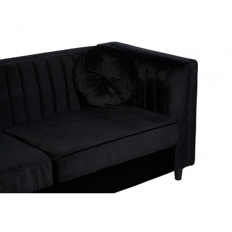 Farah 3 Seat Black Velvet Sofa, Eucalyptus Wood, Sponge, Wood, Black