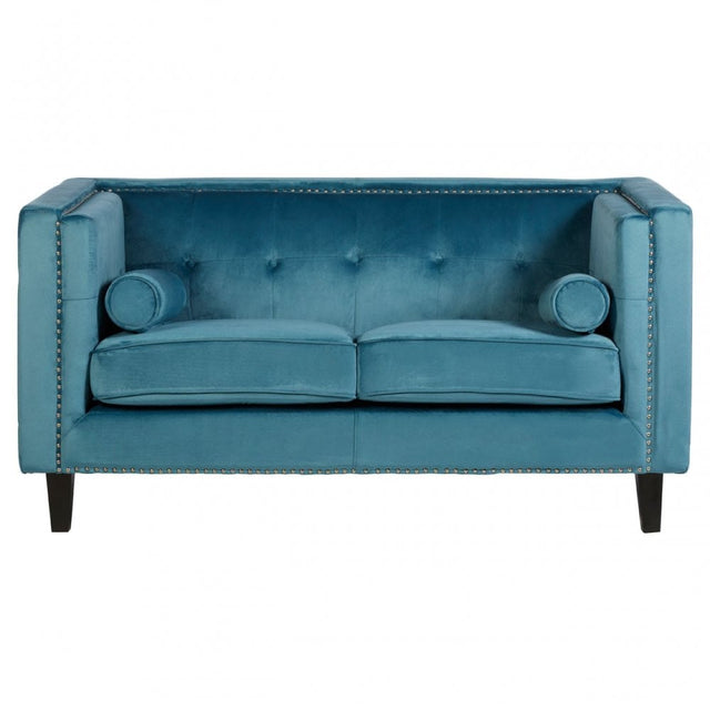Flick 2 Seat Blue Velvet Sofa, Eucalyptus Wood, Wood, Blue