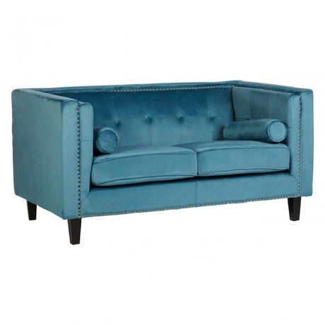 Flick 2 Seat Blue Velvet Sofa, Eucalyptus Wood, Wood, Blue