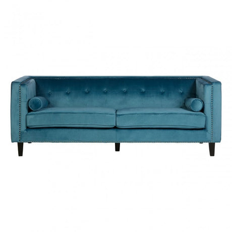 Flick 3 Seat Blue Velvet Sofa, Eucalyptus Wood, Wood, Blue