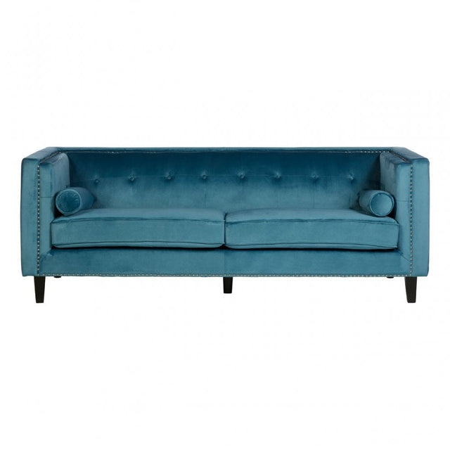 Flick 3 Seat Blue Velvet Sofa, Eucalyptus Wood, Wood, Blue