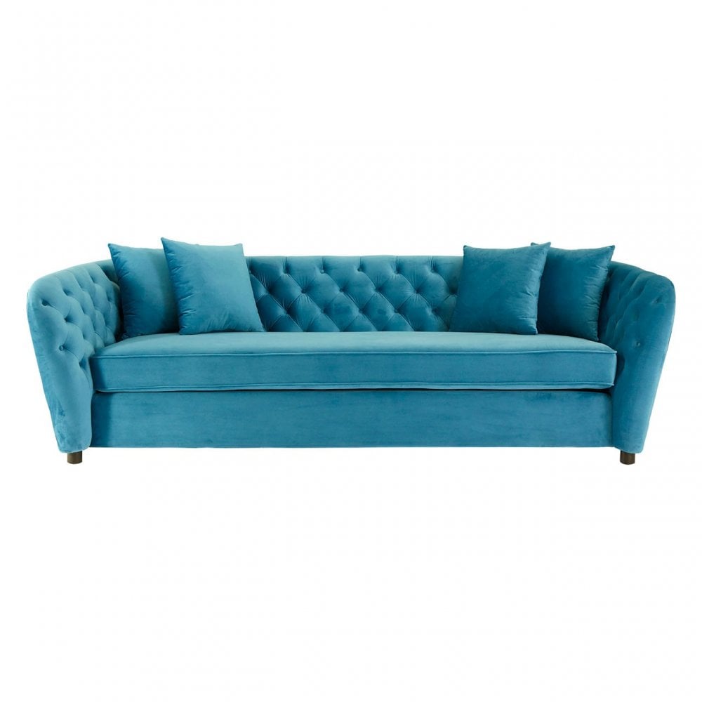 Riva Cyan Velvet 3 Seat Sofa with Tufted Detail and Pine Wood Legs