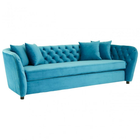 Riva Cyan Velvet 3 Seat Sofa with Tufted Detail and Pine Wood Legs