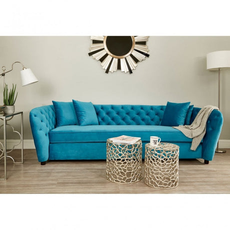 Riva Cyan Velvet 3 Seat Sofa with Tufted Detail and Pine Wood Legs