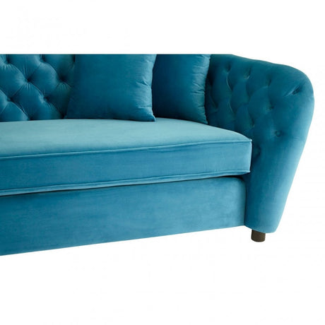 Riva Cyan Velvet 3 Seat Sofa with Tufted Detail and Pine Wood Legs