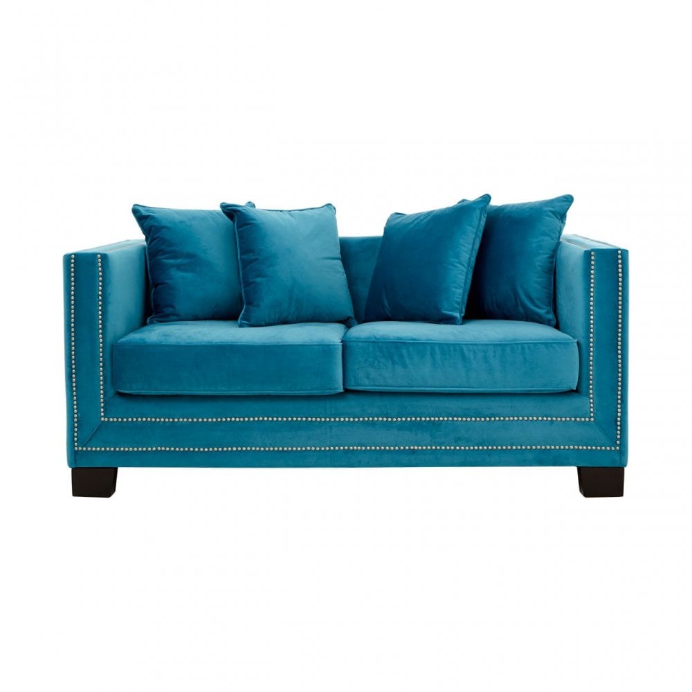 Sofia 2 Seater Cyan Blue Velvet Sofa, Foam, Plywood, Wood, Blue