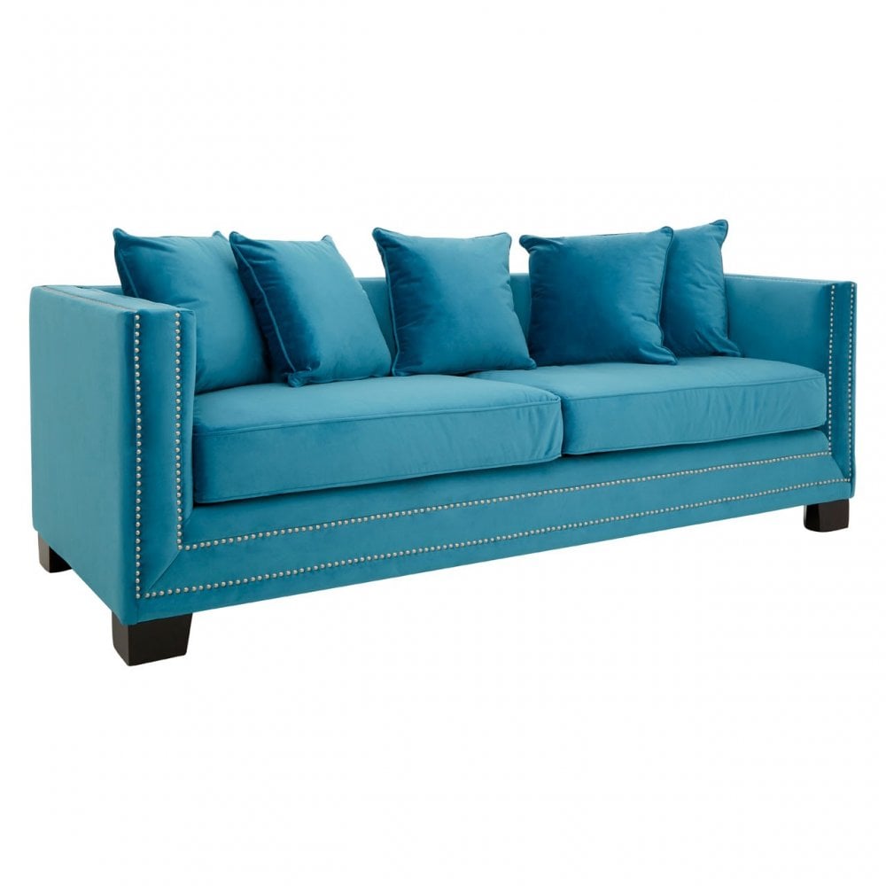 Sofia 3 Seater Cyan Blue Velvet Sofa, Foam, Plywood, Wood, Blue