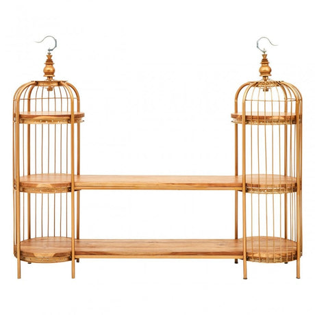 Oscar Long Gold Finish Birdcage Shelf Unit, Iron, Wood, Gold