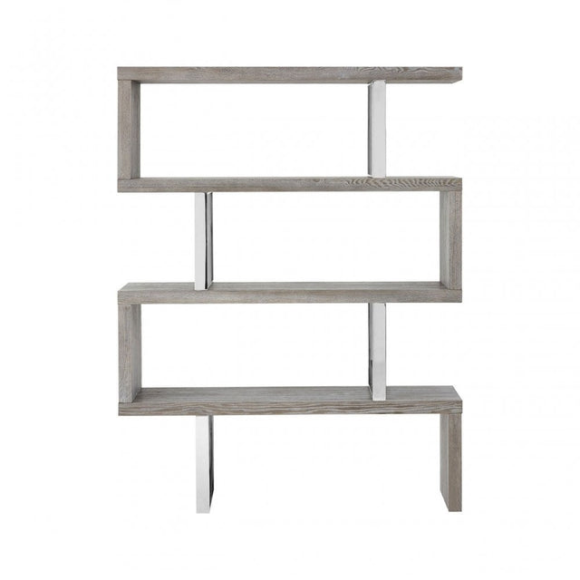 Grey Elm Wood 4 Tier Bookshelf, Stainless Steel, Elm Wood, Grey