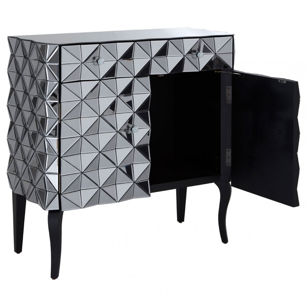 Soho Silver Finish Cabinet, Wood, Mirrored Glass, Wood, Silver
