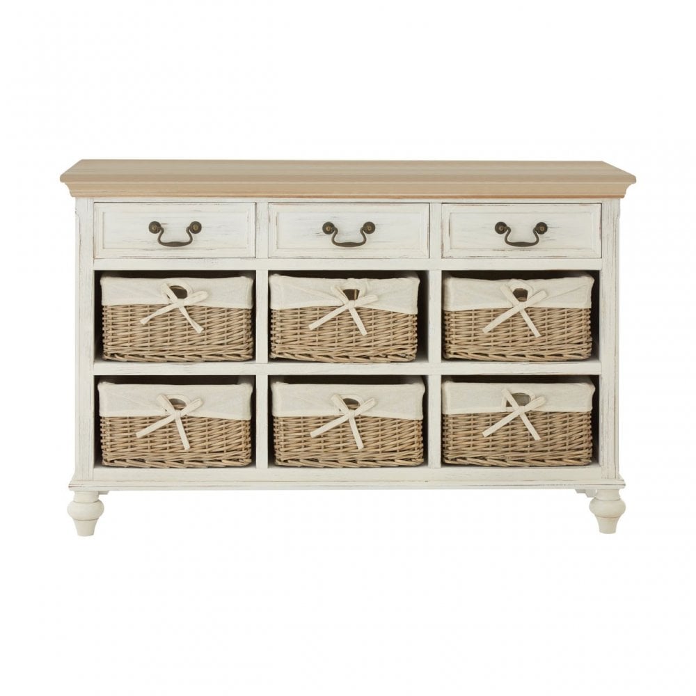Hendra Cabinet with 6 Willow Baskets, Cotton, Paulownia Wood, Willow, Fir Wood Veneer, White