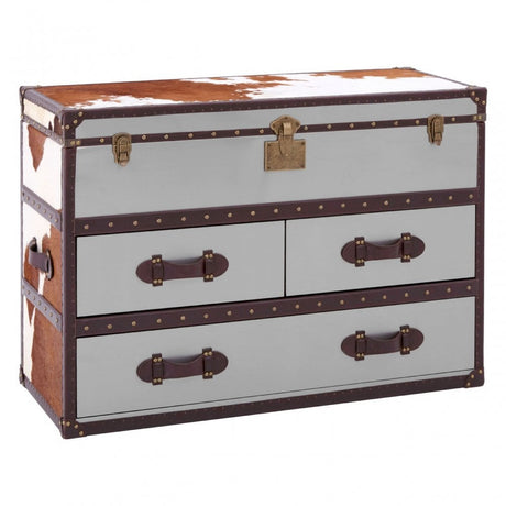 Brown / White Genuine Cowhide 3 Drawer Cabinet, Cowhide, Stainless Steel, Brown