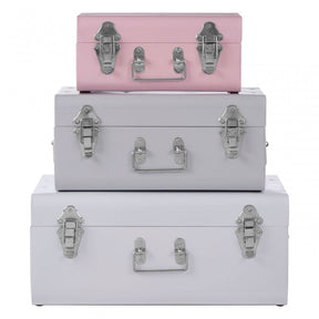 Set of 3 Assorted Colors Storage Trunks, Galvanised Iron