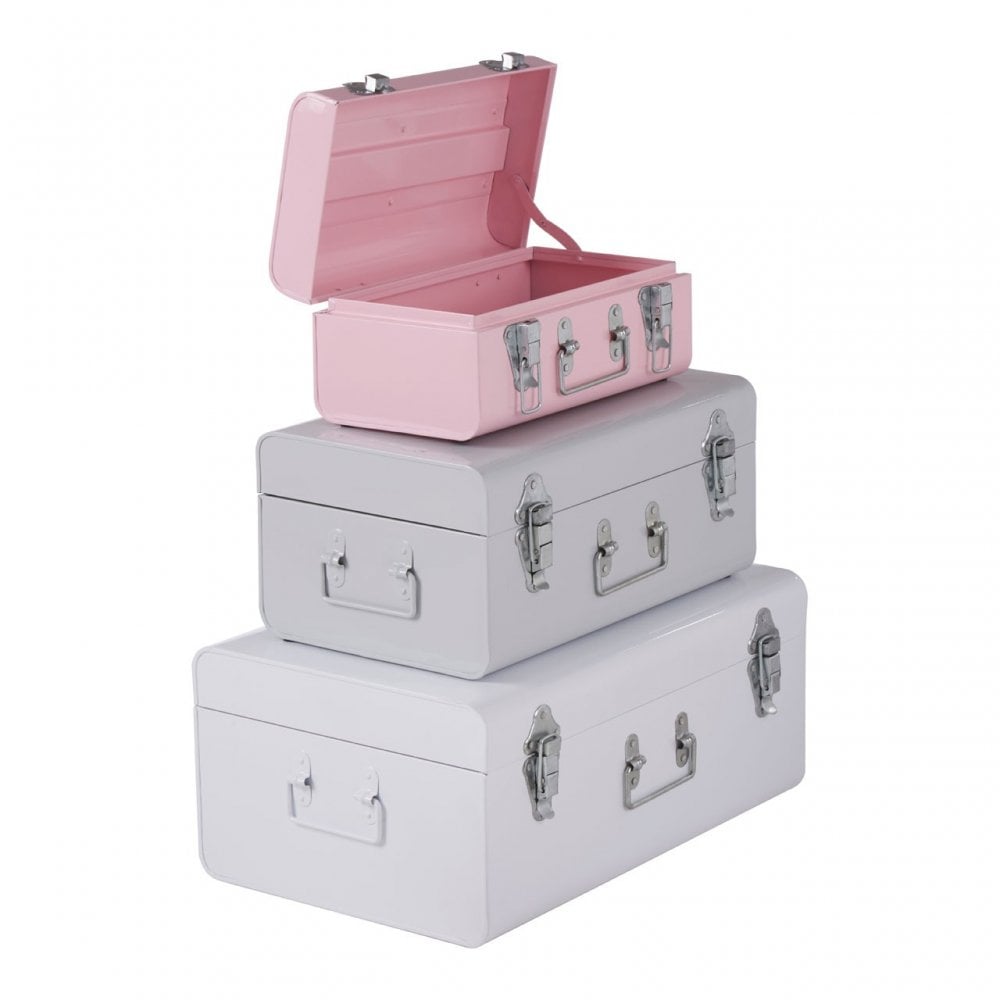 Set of 3 Assorted Colors Storage Trunks, Galvanised Iron