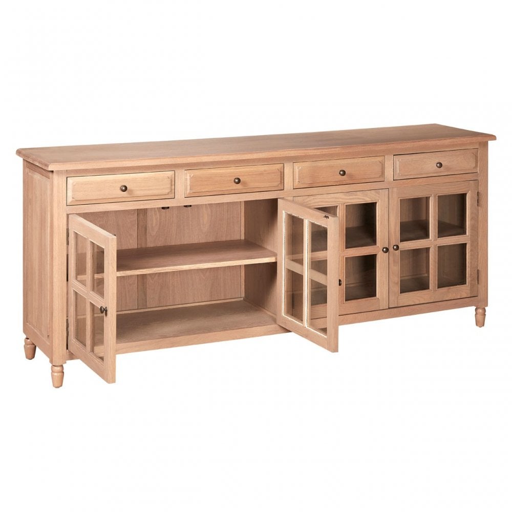Brisbane 4 Doors / 4 Drawers Sideboard, Oak Wood, Glass, Brown