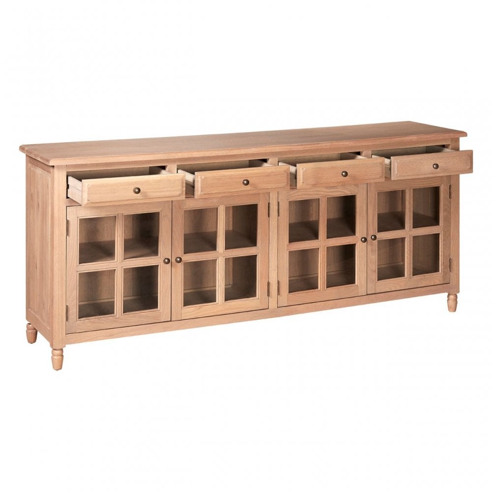 Brisbane 4 Doors / 4 Drawers Sideboard, Oak Wood, Glass, Brown