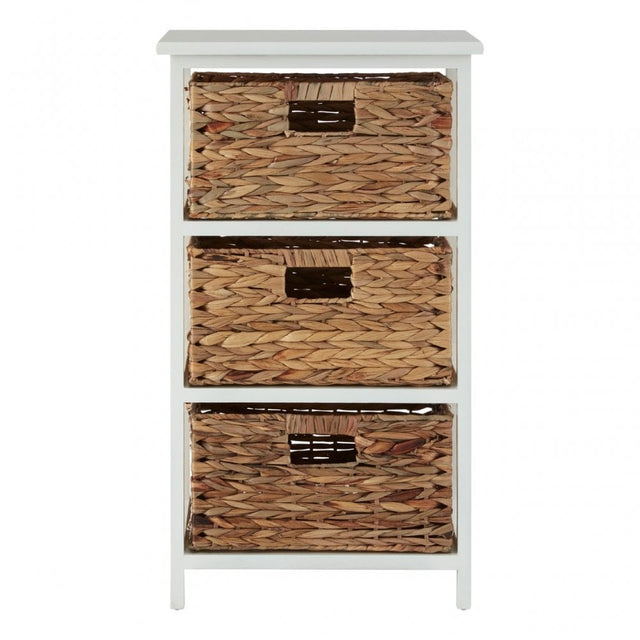 Padstow 3 Drawer White Frame Storage Unit, Paulownia Wood, Water Hyacinth, White