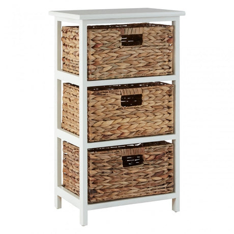 Padstow 3 Drawer White Frame Storage Unit, Paulownia Wood, Water Hyacinth, White