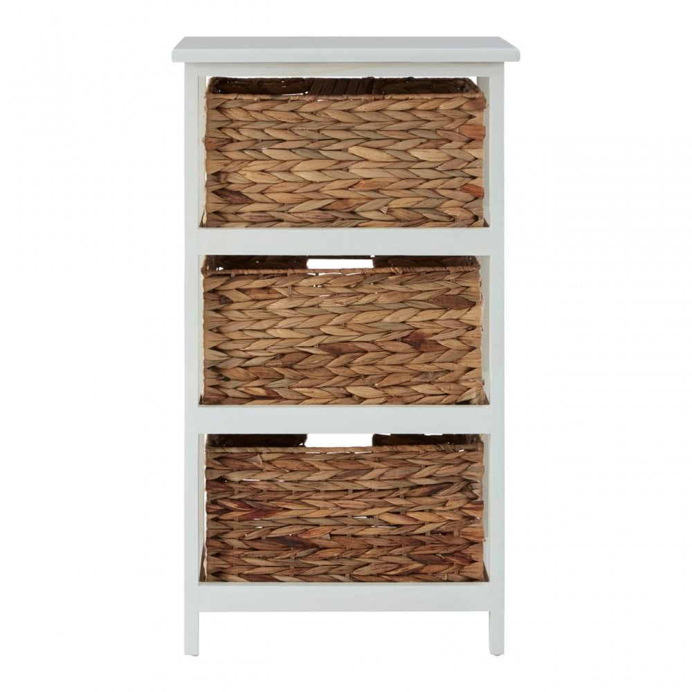 Padstow 3 Drawer White Frame Storage Unit, Paulownia Wood, Water Hyacinth, White