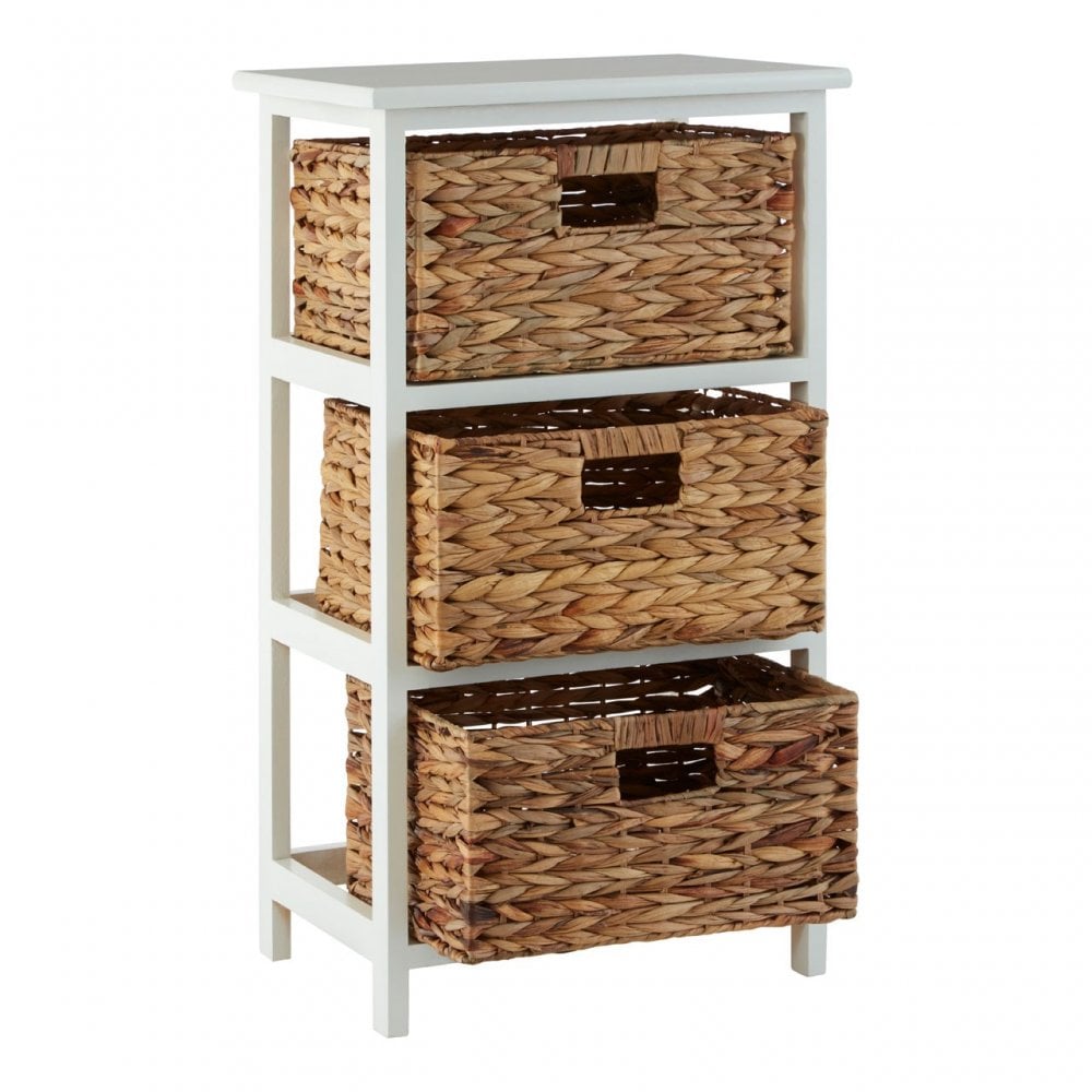 Padstow 3 Drawer White Frame Storage Unit, Paulownia Wood, Water Hyacinth, White