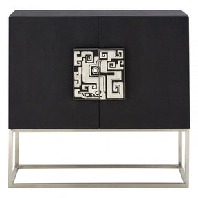 Pacific Black Faux Shark Skin Large Cabinet, Wood, Stainless Steel, Silver