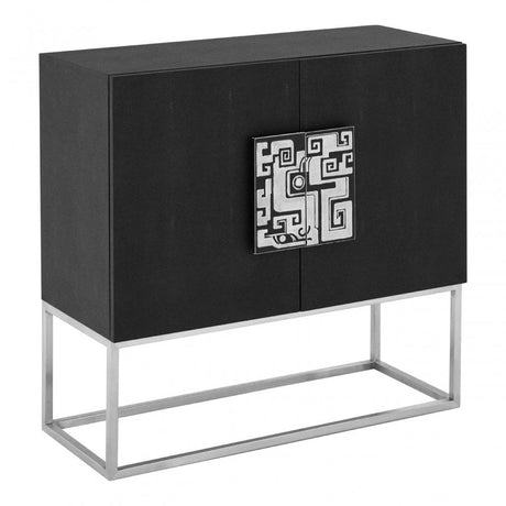 Pacific Black Faux Shark Skin Large Cabinet, Wood, Stainless Steel, Silver