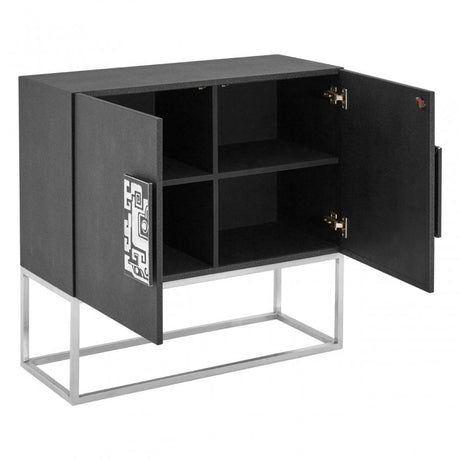 Pacific Black Faux Shark Skin Large Cabinet, Wood, Stainless Steel, Silver