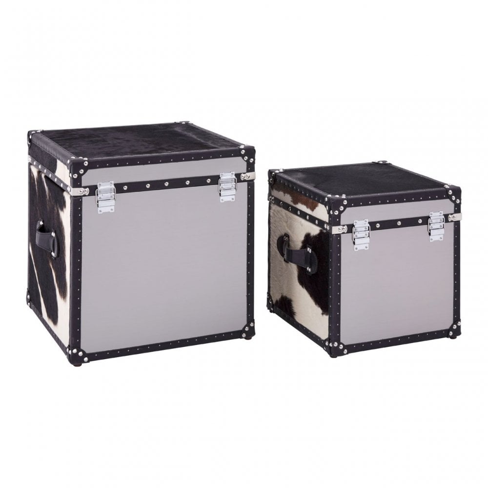 Black / White Genuine Cowhide Storage Trunk Set, Cowhide, Stainless Steel, Black