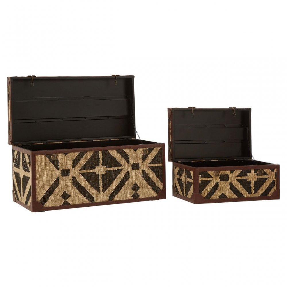 Aztec Set of 2 Storage Trunks, Cotton, Galvanised Iron, Jute, Black