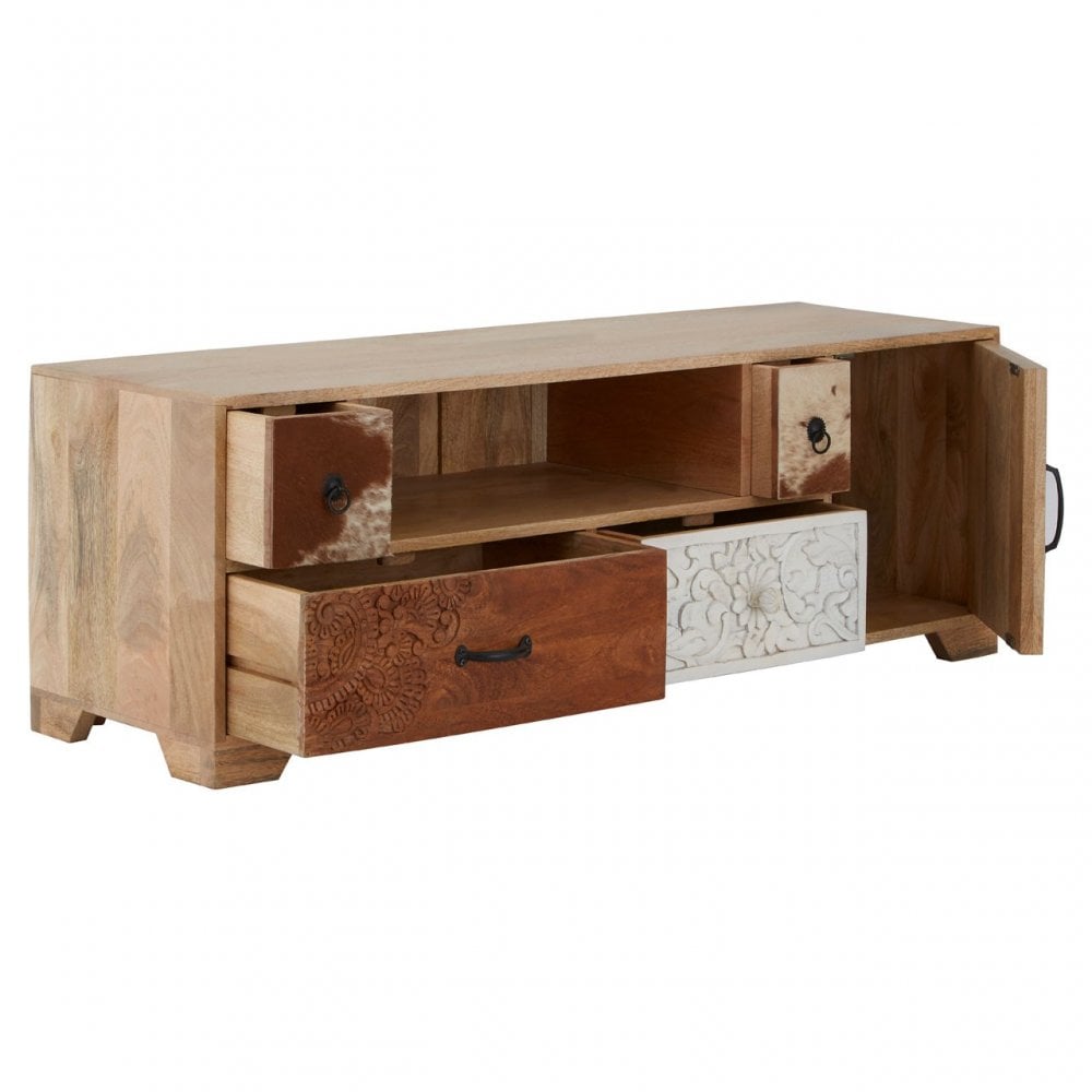 Marwar Mango Wood Media Unit, Leather, Mango Wood, Multi-Coloured