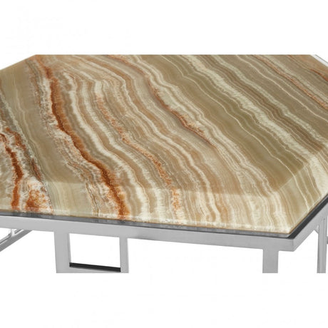 Artefacto Hexagonal Coffee Table, Onyx Stone, Stainless Steel, Natural