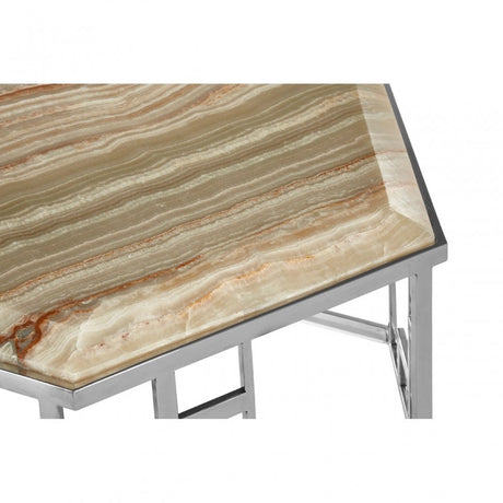 Artefacto Hexagonal Coffee Table, Onyx Stone, Stainless Steel, Natural