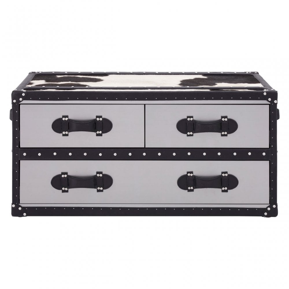 Black / White Genuine Cowhide Coffee Table, Cowhide, Stainless Steel, Black
