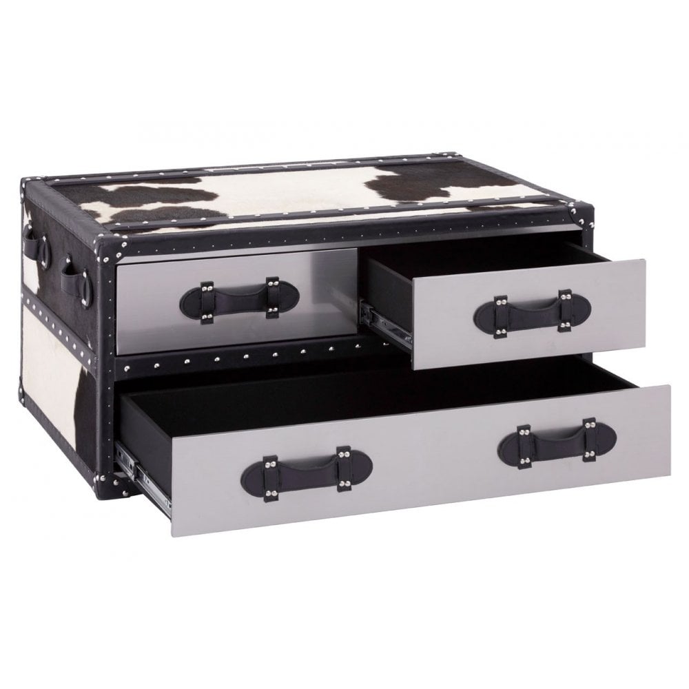 Black / White Genuine Cowhide Coffee Table, Cowhide, Stainless Steel, Black