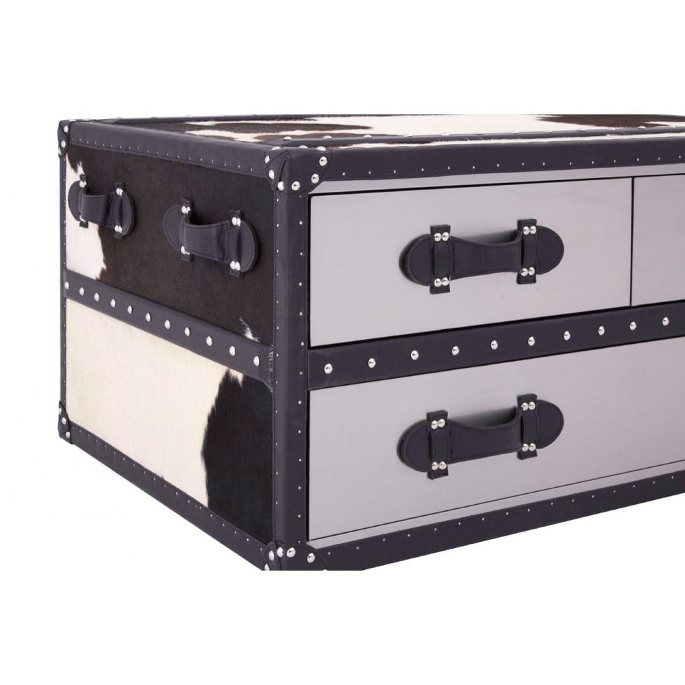 Black / White Genuine Cowhide Coffee Table, Cowhide, Stainless Steel, Black