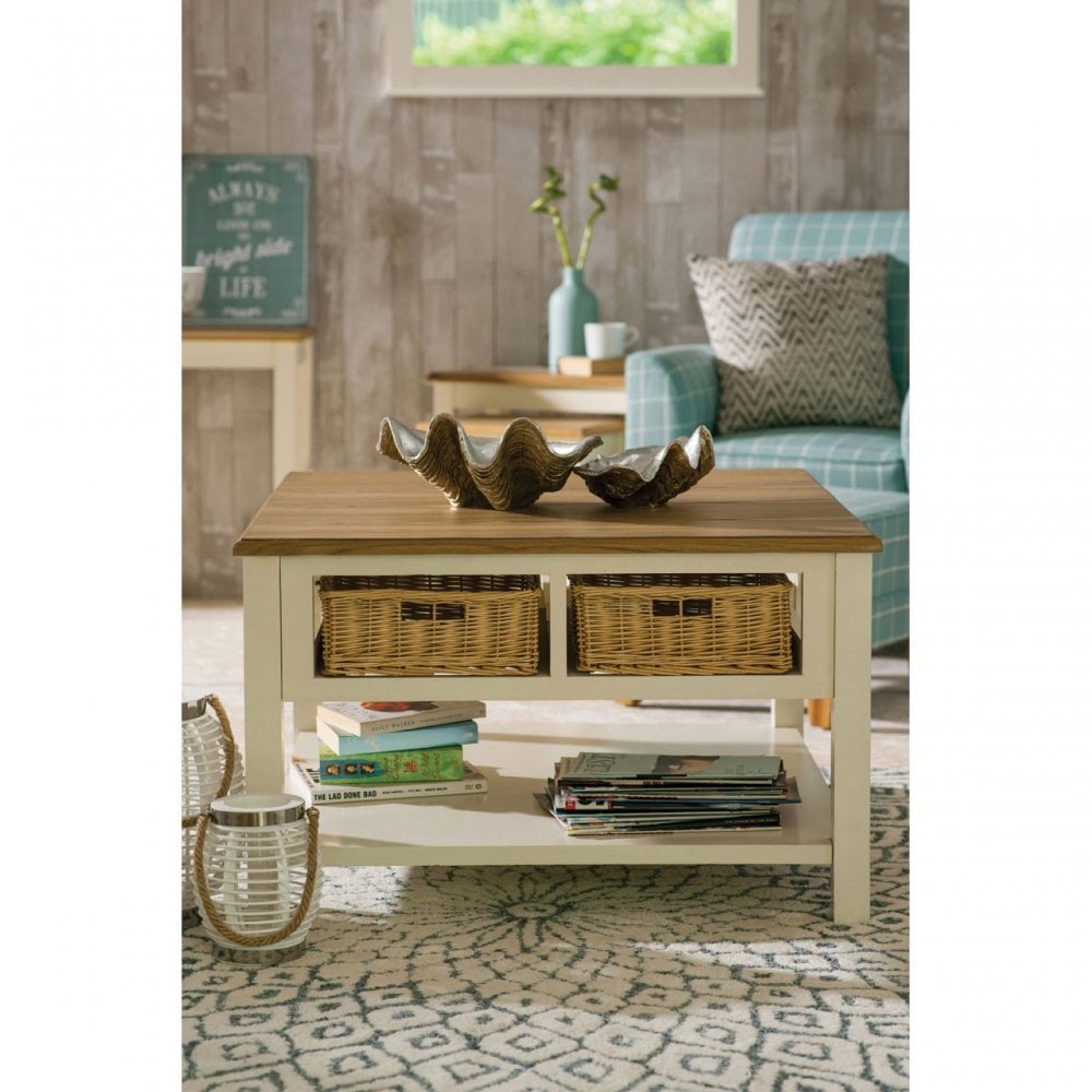 Dorset Cream Coffee Table, Ash Veneer, Paulownia Veneer, Pine Wood, Rattan, Cream