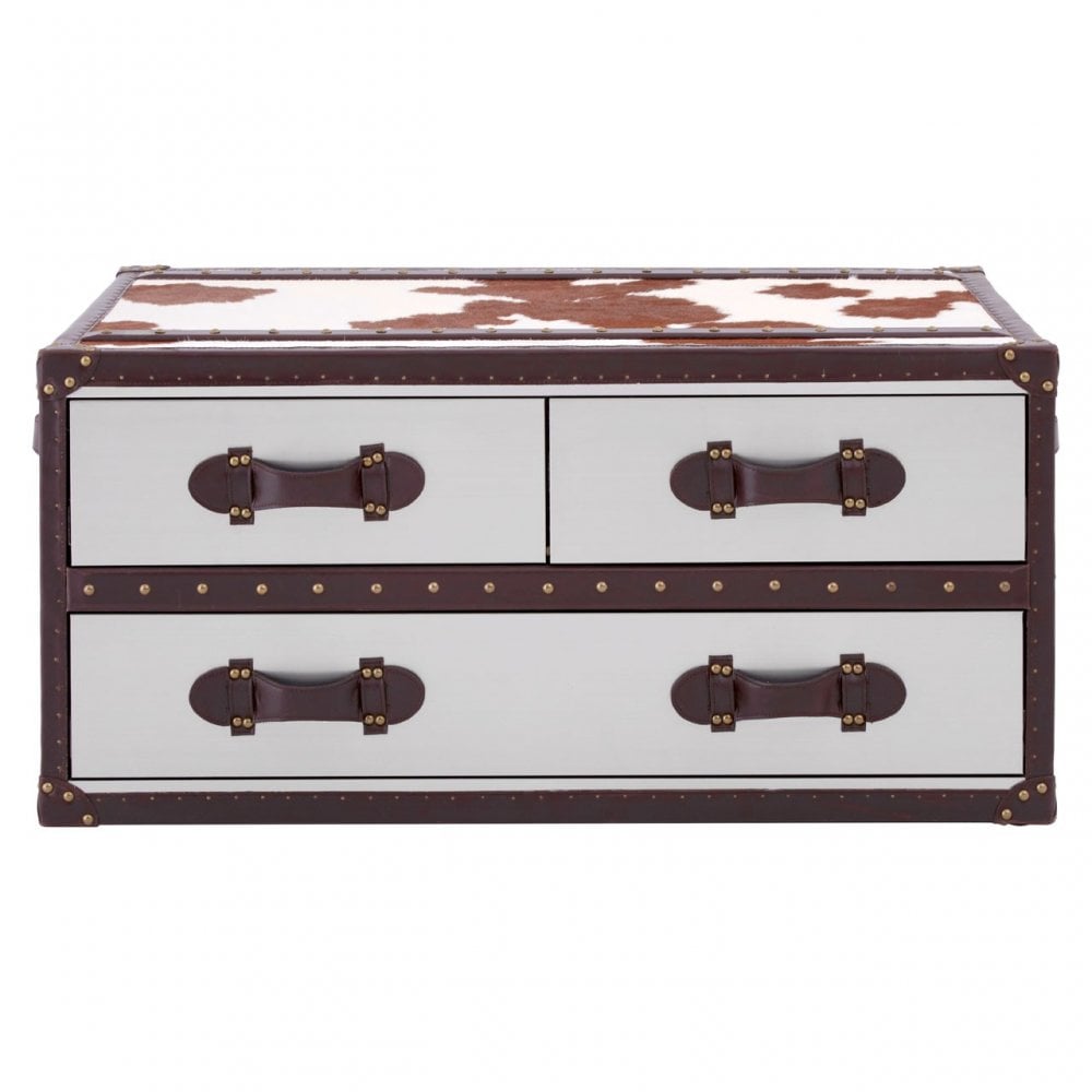 Brown / White Genuine Cowhide Coffee Table, Cowhide, Stainless Steel, Brown