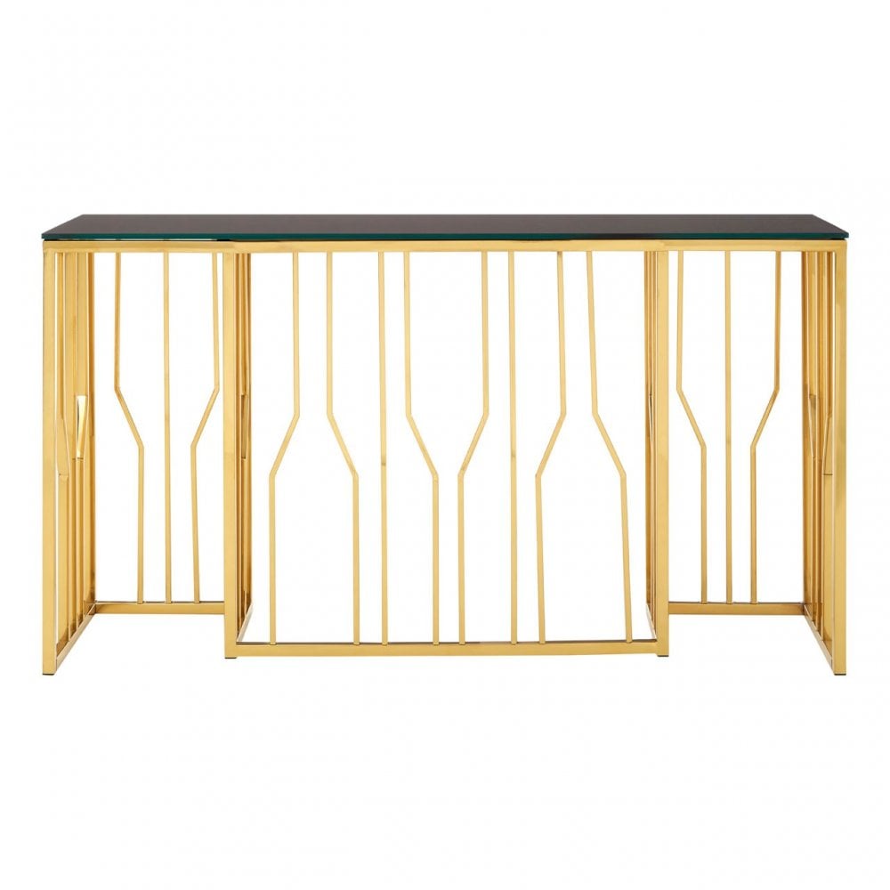 Camperian Hexagonal Console Table, Stainless Steel, Glass, Black