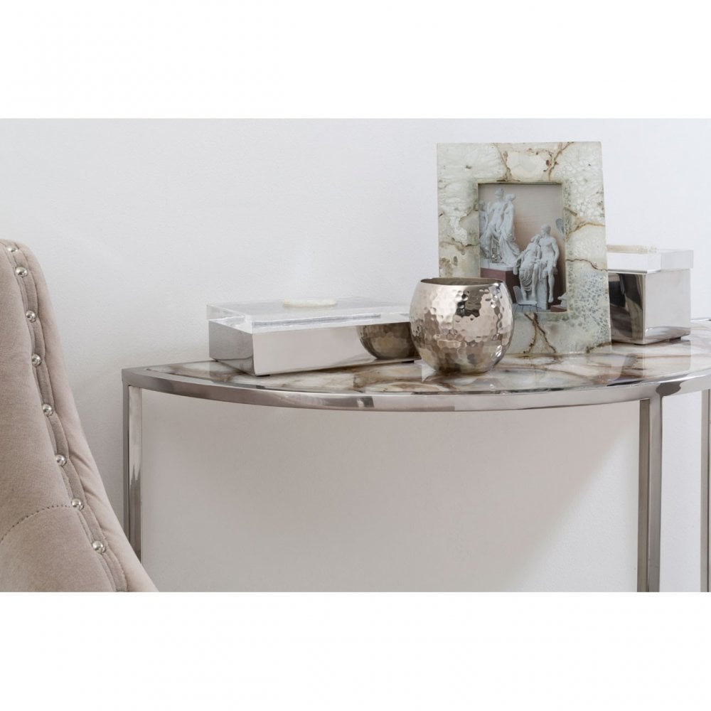 Vita Half Moon White Agate Top Table, Agate, Steel, Silver